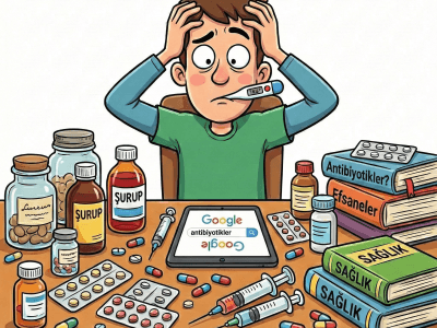 ğzında termometre olan, hasta ve kafası karışmış bir adamın, ilaçlarla dolu bir masada tablette 'antibiyotikler' araması yaptığını gösteren karikatür görseli.
