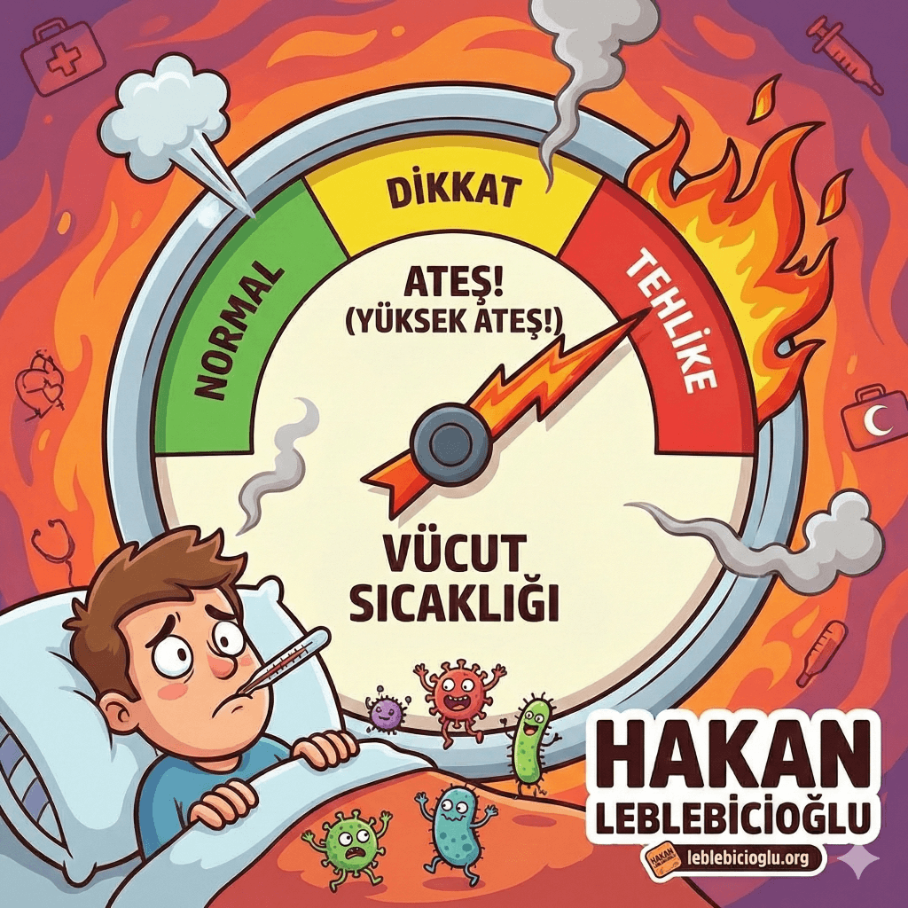 Ateşli hastalıkları temsil eden, ibresi kırmızı bölgeye yükselmiş karikatürize bir hız göstergesi illüstrasyonu ve Hakan Leblebicioğlu logosu