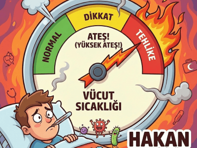 Ateşli hastalıkları temsil eden, ibresi kırmızı bölgeye yükselmiş karikatürize bir hız göstergesi illüstrasyonu ve Hakan Leblebicioğlu logosu