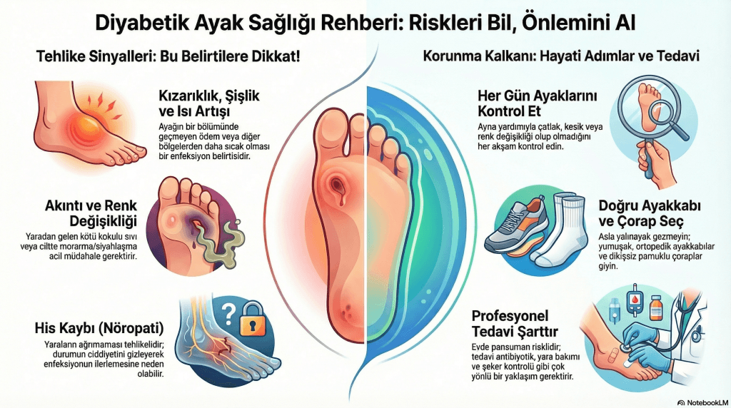 Diyabetik ayak sağlığı rehberi infografiği. Diyabetik ayak enfeksiyonu belirtileri (kızarıklık, şişlik, akıntı, renk değişikliği, his kaybı/nöropati) ve korunma yolları (günlük kontrol, doğru ayakkabı, profesyonel tedavi) gösteriliyor