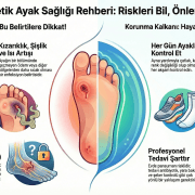 Diyabetik ayak sağlığı rehberi infografiği. Diyabetik ayak enfeksiyonu belirtileri (kızarıklık, şişlik, akıntı, renk değişikliği, his kaybı/nöropati) ve korunma yolları (günlük kontrol, doğru ayakkabı, profesyonel tedavi) gösteriliyor