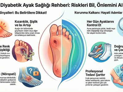 Diyabetik ayak sağlığı rehberi infografiği. Diyabetik ayak enfeksiyonu belirtileri (kızarıklık, şişlik, akıntı, renk değişikliği, his kaybı/nöropati) ve korunma yolları (günlük kontrol, doğru ayakkabı, profesyonel tedavi) gösteriliyor