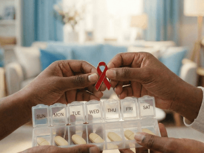 HIV tedavisi ve farkındalık sembolü kırmızı kurdele ile günlük ilaç kutusu tutan eller
