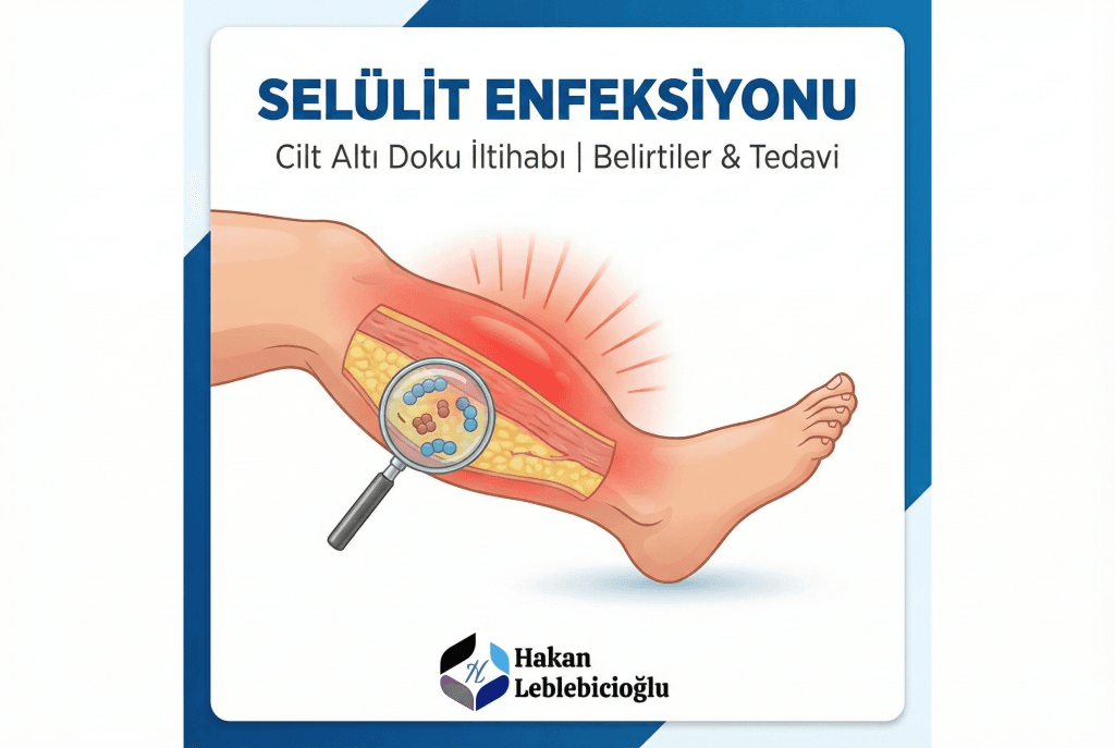 Bacakta selülit enfeksiyonu (cilt altı doku iltihabı) belirtilerini ve bakteriyel yayılımı gösteren tıbbi illüstrasyon