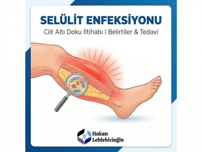 Bacakta selülit enfeksiyonu (cilt altı doku iltihabı) belirtilerini ve bakteriyel yayılımı gösteren tıbbi illüstrasyon