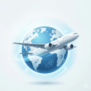 Üzerinde aşı şırıngası ve koruma kalkanı ikonları bulunan mavi dünya küresi etrafında süzülen beyaz yolcu uçağı