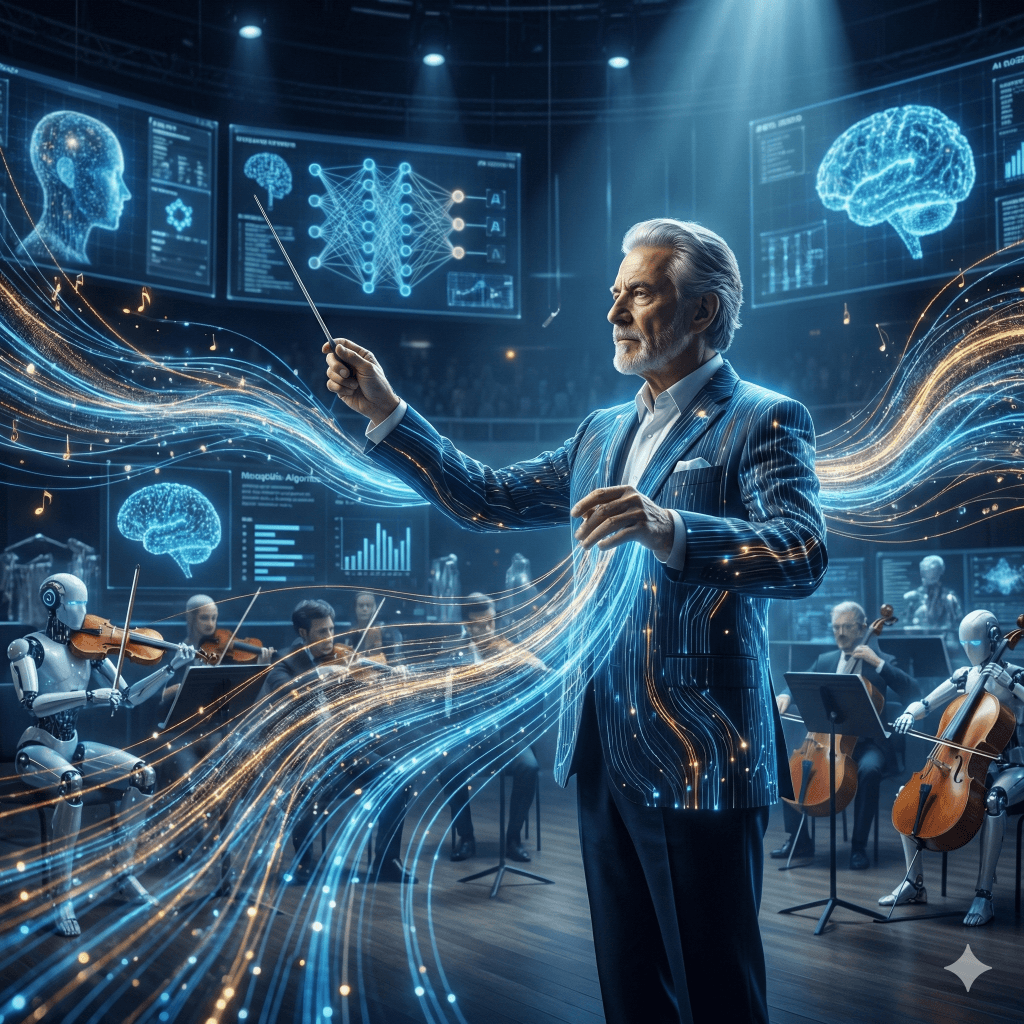 Dijital bir ortamda veri akışlarını ve robotik enstrümanları yöneten kıdemli bir orkestra şefi metaforu, yapay zeka ve insan vizyonu illüstrasyonu.
