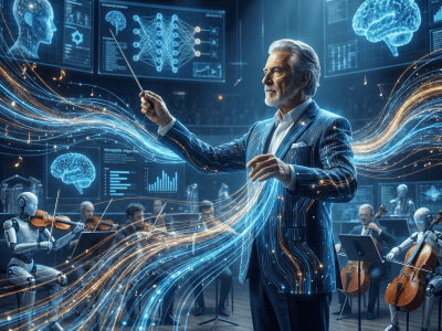 Dijital bir ortamda veri akışlarını ve robotik enstrümanları yöneten kıdemli bir orkestra şefi metaforu, yapay zeka ve insan vizyonu illüstrasyonu.