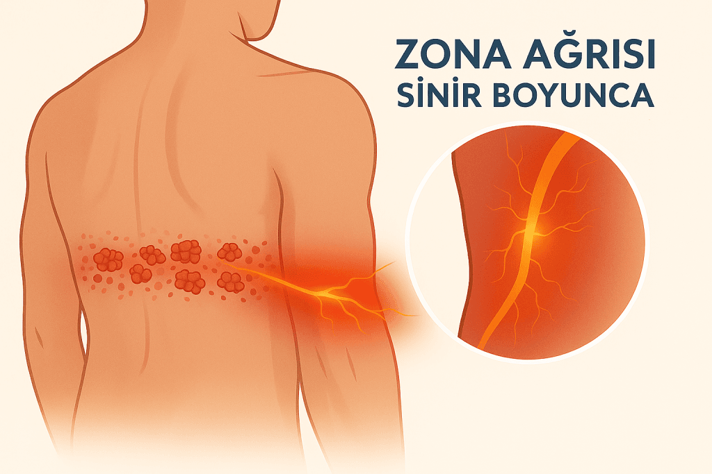 Zona (herpes zoster) hastalığında sinir boyunca yayılan yanıcı ağrıyı ve dermatome hattında görülen kızarık döküntüleri gösteren tıbbi illüstrasyon