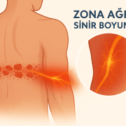 Zona (herpes zoster) hastalığında sinir boyunca yayılan yanıcı ağrıyı ve dermatome hattında görülen kızarık döküntüleri gösteren tıbbi illüstrasyon