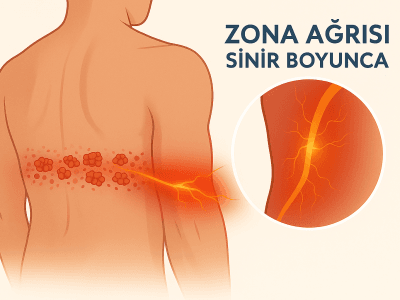 Zona (herpes zoster) hastalığında sinir boyunca yayılan yanıcı ağrıyı ve dermatome hattında görülen kızarık döküntüleri gösteren tıbbi illüstrasyon