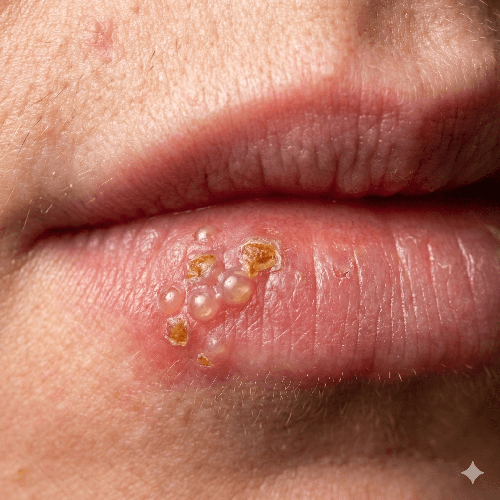 Bir kişinin alt dudağında, kabarcıklar ve kabuklanmış yaralarla belirginleşen aktif bir dudak uçuğu (herpes labialis) lezyonunun yakın plan görünümü.