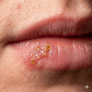 Bir kişinin alt dudağında, kabarcıklar ve kabuklanmış yaralarla belirginleşen aktif bir dudak uçuğu (herpes labialis) lezyonunun yakın plan görünümü.