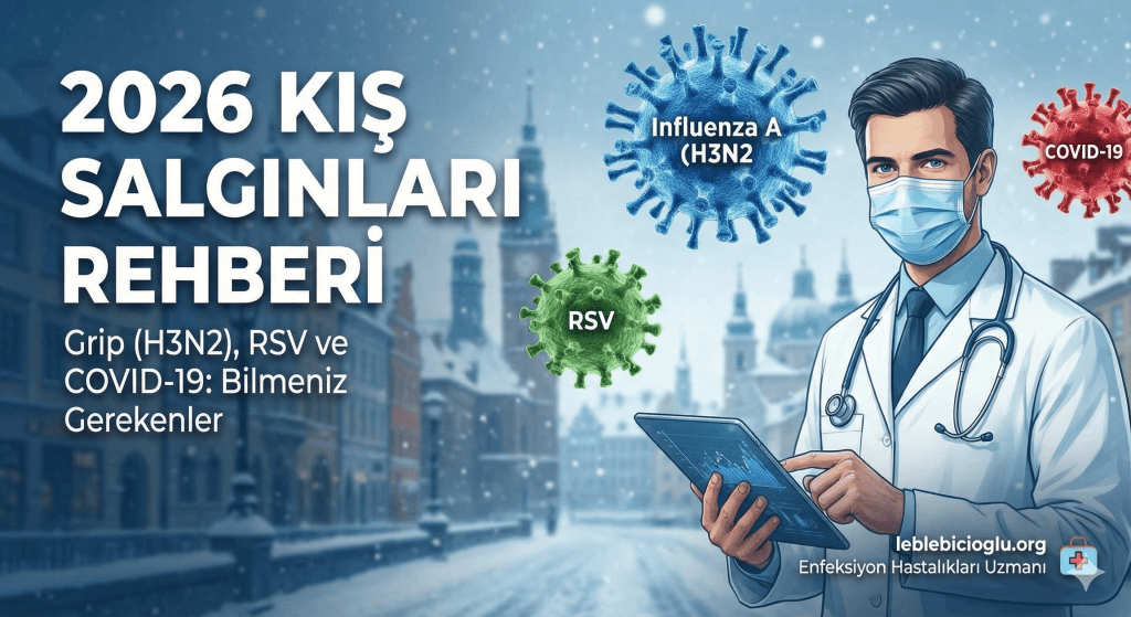 2026 kış sezonu salgın rehberi: H3N2 grip, RSV ve COVID-19 virüslerinden korunma ve belirti infografiği