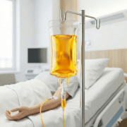 Hastane yatağında yatan bir hastaya damar yoluyla sarı serum veriliyor