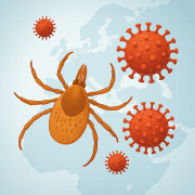 KKKA için Hyalomma kene, kırmızı virüs partikülleri ve harita dokulu arka plan; metinsiz, tıbbi illüstrasyo