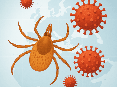 KKKA için Hyalomma kene, kırmızı virüs partikülleri ve harita dokulu arka plan; metinsiz, tıbbi illüstrasyo
