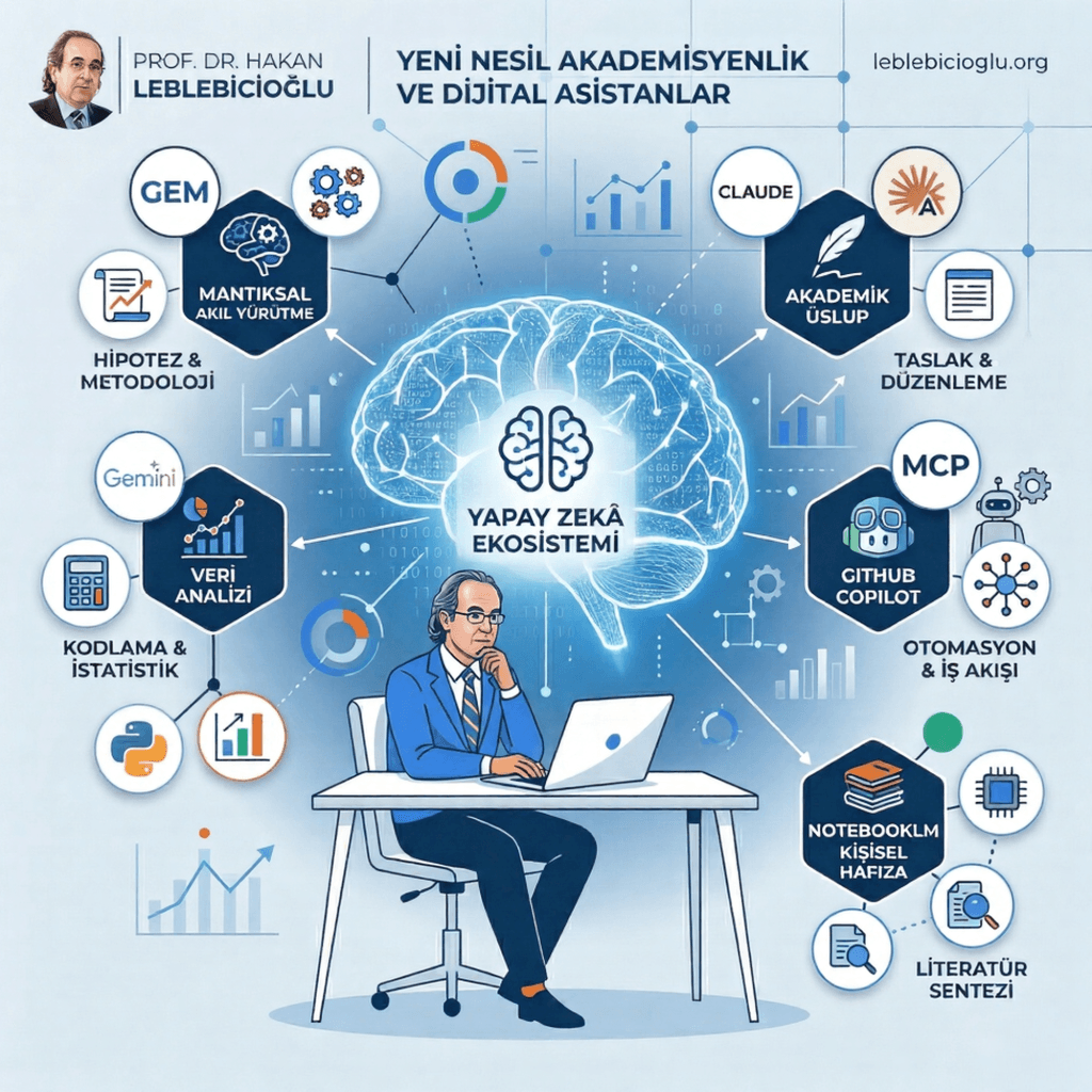 Yeni nesil akademisyenlikte yapay zeka ekosistemi infografik şeması: Mantıksal akıl yürütme, veri analizi, akademik üslup ve otomasyon araçları.