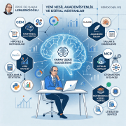 Yeni nesil akademisyenlikte yapay zeka ekosistemi infografik şeması: Mantıksal akıl yürütme, veri analizi, akademik üslup ve otomasyon araçları.