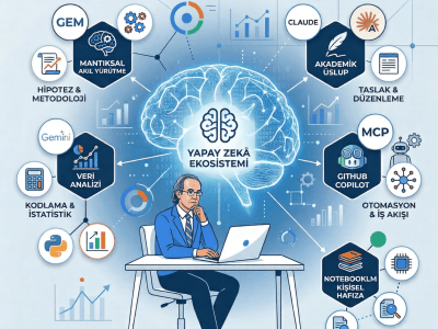 Yeni nesil akademisyenlikte yapay zeka ekosistemi infografik şeması: Mantıksal akıl yürütme, veri analizi, akademik üslup ve otomasyon araçları.