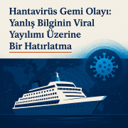 Hantavirüs gemi olayı ile ilgili illüstrasyon, bir yolcu gemisi ve arka planda virüs sembolü