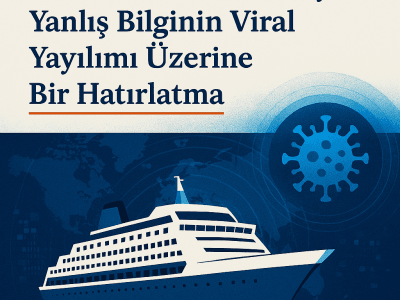 Hantavirüs gemi olayı ile ilgili illüstrasyon, bir yolcu gemisi ve arka planda virüs sembolü